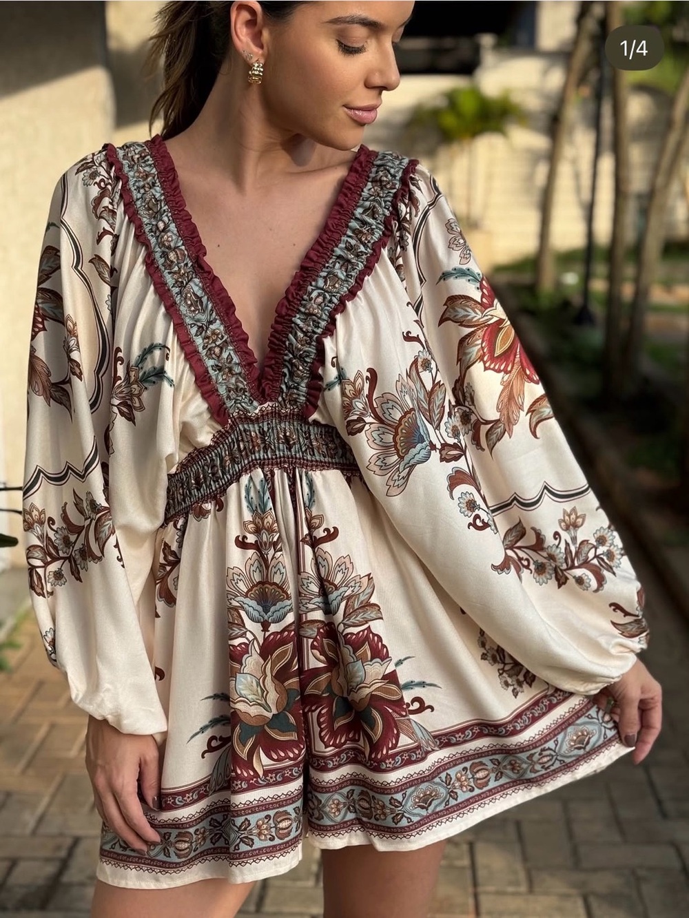 Farm Rio Boho Floral V-Neck Mini jumpsuit in Cream and Burgundy